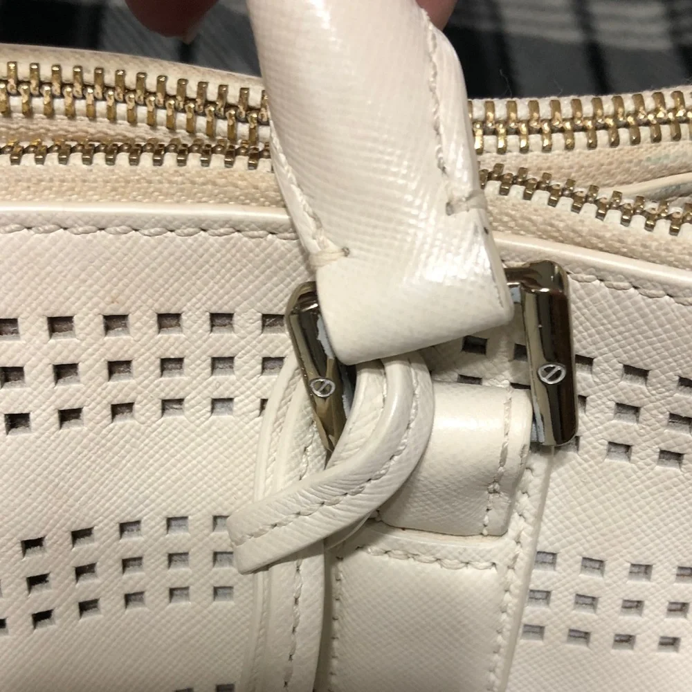 Tory Burch White Perforated Leather Tote with Gold Logo